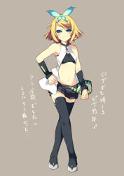Rule 34 | 1girl, amanooni touri, bad id, bad pixiv id, blonde hair, blue eyes, bug, butterfly, female focus, full body, insect, kagamine rin, kokoro (vocaloid), midriff, navel, short hair, shorts, simple background, smile, solo, thighhighs, translated, vocaloid