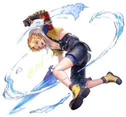 Rule 34 | 1boy, arm guards, armor, asymmetrical legwear, black overalls, blonde hair, blue eyes, blue shorts, boots, chain, chain necklace, clenched hand, cropped hoodie, fighting stance, final fantasy, final fantasy x, full body, gloves, hand up, holding, holding sword, holding weapon, hood, hood down, hoodie, jewelry, male focus, necklace, open mouth, overalls, parted bangs, pectorals, sasanomesi, short hair, shorts, shoulder armor, smile, solo, sword, tidus, twitter username, water, water drop, weapon, white background, yellow footwear