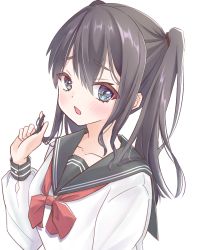 Rule 34 | 1girl, bad id, bad pixiv id, black hair, black sailor collar, blue eyes, blush, collarbone, ezaki hiyori, hair between eyes, highres, holding, holding own hair, long hair, long sleeves, looking at viewer, neckerchief, open mouth, original, parted lips, red neckerchief, sailor collar, school uniform, serafuku, shirt, sidelocks, solo, twintails, uniform, upper body, white background, white shirt