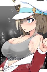 Rule 34 | 1girl, absurdres, akizuki shigure, animal ears, blue eyes, blush, breasts, brown hair, cheval grand (umamusume), cleavage, collarbone, dark background, hat, highres, horse ears, horse girl, jacket, large breasts, looking to the side, medium hair, open clothes, open jacket, open mouth, portrait, solo, steaming body, sweat, tank top, track jacket, umamusume