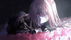 Rule 34 | 1girl, black dress, black gloves, cg gs6, closed mouth, commentary request, dress, fingerless gloves, flower, gloves, highres, light particles, long hair, long sleeves, looking at viewer, lying, on stomach, original, pink eyes, pink flower, pink hair, pink rose, rose, solo