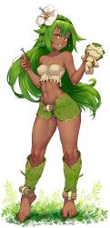 Rule 34 | 1girl, absurdres, amalia sheran sharm, ankle wrap, bare arms, bare shoulders, barefoot, breasts, cheshirrr, collarbone, commentary, dark-skinned female, dark skin, doll, feet, female focus, fingernails, flower, full body, green hair, grin, hair flower, hair ornament, highres, holding, long hair, looking at viewer, medium breasts, midriff, navel, parted lips, simple background, smile, solo, standing, stomach, strapless, teeth, toes, tube top, underwear, wakfu, yellow eyes