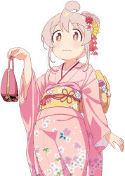 Rule 34 | 1girl, absurdres, ahoge, alternate costume, bright pupils, brown eyes, closed mouth, commentary request, floral print, flower, genderswap, genderswap (mtf), grey hair, hair between eyes, hair bun, hair flower, hair ornament, hand up, highres, holding, japanese clothes, kimono, light blush, long hair, long sleeves, looking ahead, obi, onii-chan wa oshimai!, oyama mahiro, pink kimono, pouch, print kimono, print sash, sash, shiina excel, simple background, solo, standing, textless version, wavy mouth, white background, wide sleeves