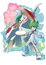 Rule 34 | 10s, 1boy, absurdres, alternate color, arm blade, blue eyes, cape, creatures (company), full body, gallade, game freak, gen 4 pokemon, glint, green hair, height difference, highres, horns, jewelry, long sleeves, male focus, mega gallade, mega pokemon, necklace, nintendo, official art, open mouth, pokemon, pokemon (creature), pokemon oras, red eyes, short hair, smoke, transparent background, wally (pokemon), weapon