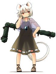 Rule 34 | 1girl, adapted costume, animal ears, brown eyes, capelet, collarbone, dowsing rod, dress, gem, grey dress, highres, jewelry, mouse ears, mouse tail, nazrin, necklace, pendant, see-through, silver hair, simple background, sleeveless, sleeveless dress, solo, tail, touhou, yudepii