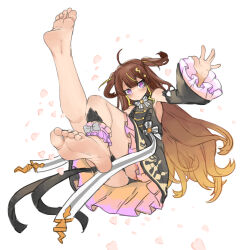 Rule 34 | 1girl, ahoge, anya melfissa, anya melfissa (1st costume), armpits, barefoot, black dress, black ribbon, blush, bow, bowtie, brown hair, dress, eiji (eiji), expressionless, feet, foot focus, foreshortening, gradient hair, heart, highres, hololive, hololive indonesia, long hair, looking at viewer, multicolored hair, panties, pantyshot, purple eyes, ribbon, single ankle cuff, sleeveless, sleeveless dress, soles, twintails, underwear, very long hair, virtual youtuber, wavy hair, white bow, white bowtie, white ribbon
