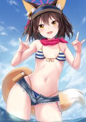 Rule 34 | 1girl, :d, animal ear fluff, animal ears, bikini, bikini under clothes, blue archive, blue bikini, blue sky, breasts, breasts apart, brown hair, commentary, denim, denim shorts, fang, flower, fox ears, fox girl, fox shadow puppet, fox tail, front-tie bikini top, front-tie top, hair between eyes, hair flower, hair ornament, halo, highres, izuna (blue archive), izuna (swimsuit) (blue archive), kashiwagi yamine, looking at viewer, micro shorts, nail polish, navel, ocean, official alternate costume, open mouth, pink halo, pink scarf, scarf, short hair, shorts, skin fang, sky, small breasts, smile, solo, striped bikini, striped clothes, swimsuit, tail, visor cap, wading, yellow eyes, yellow nails
