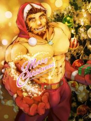 Rule 34 | 1boy, abs, alternate costume, bara, black hair, blush, bulge, christmas, christmas tree, forked eyebrows, from above, hat, highres, jewelry, large hands, large pectorals, magatama, magatama necklace, magic, male focus, merry christmas, muscular, muscular male, mutton chops, navel, necklace, nipples, pants, pectorals, reaching, reaching towards viewer, red hat, santa costume, santa hat, short hair, solo, sparse chest hair, stomach, tajikarao (housamo), thick eyebrows, tokyo houkago summoners, topless male, tusks, yoshiyuki (nein69yoshiyuki)