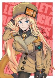 Rule 34 | 1girl, armband, artist request, blonde hair, blue eyes, border, breasts, cowboy shot, fingerless gloves, fur hat, gloves, guilty gear, guilty gear strive, hand in own hair, hand on own knee, hat, highres, jacket, large breasts, license plate, long hair, millia rage, red background, smile, solo, ushanka, white border