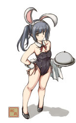 Rule 34 | 1girl, adapted costume, animal ears, black eyes, black leotard, detached collar, fake animal ears, flat chest, full body, grey hair, hand on own hip, highres, kantai collection, kasumi (kancolle), leotard, long hair, looking at viewer, masamori ikemo, neck ribbon, playboy bunny, rabbit ears, rabbit tail, red ribbon, ribbon, serving dome, shadow, side ponytail, simple background, solo, strapless, strapless leotard, tail, towel, tray, white background, wrist cuffs