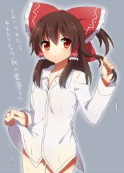 Rule 34 | 1girl, annoyed, bad id, bad pixiv id, blush, bottomless, bow, brown eyes, brown hair, clenched hand, clothes lift, cowboy shot, dress shirt, female focus, flat chest, frills, grey background, hair between eyes, hair bow, hair ribbon, hair tubes, hakurei reimu, holding, holding hair, ichimonme (ichi), long hair, looking at viewer, naked shirt, one side up, outline, ponytail, red eyes, ribbon, see-through, shirt, shirt lift, sidelocks, simple background, solo, sweatdrop, thigh gap, touhou, wet, wet clothes, wet shirt
