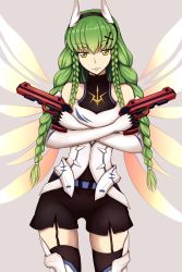 Rule 34 | 1girl, belt, benghuai xueyuan, black gloves, black hairband, black shorts, black thighhighs, braid, c.c., code geass, cosplay request, crossover, detached sleeves, dual wielding, feather hair ornament, feathers, garter straps, gloves, green hair, grey background, gun, hair ornament, hairband, highres, holding, holding gun, holding weapon, honkai (series), kiana kaslana, kiana kaslana (knight moonbeam), long hair, looking at viewer, lucky keai, parted lips, short shorts, shorts, simple background, solo, thighhighs, twin braids, very long hair, weapon, white feathers, wings, yellow eyes