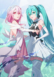 Rule 34 | 2girls, absurdres, aqua bow, aqua bowtie, aqua eyes, aqua hair, backless dress, backless outfit, bare shoulders, black bow, black bowtie, black dress, bow, bowtie, chinese commentary, commentary request, cowboy shot, detached sleeves, dress, elbow gloves, elfalvis, gloves, guilty crown, hair between eyes, hair ornament, hair over shoulder, hairclip, hatsune miku, highres, long hair, looking at viewer, mixed-language commentary, multiple girls, number tattoo, open mouth, pink bow, pink bowtie, pink dress, pink hair, pink nails, red eyes, smile, tattoo, thighhighs, twintails, very long hair, vocaloid, white dress, white gloves, white thighhighs, yuzuriha inori