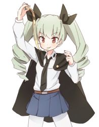 Rule 34 | 10s, 1girl, anchovy (girls und panzer), bad id, bad pixiv id, coupon (skyth), cowboy shot, drill hair, eating, food, girls und panzer, grey hair, necktie, pantyhose, pizza, school uniform, skirt, solo, twin drills