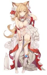 Rule 34 | absurdres, animal ears, bell, blonde hair, bow, bra, breasts, cat ears, cat girl, cat tail, cleavage, collar, dress, flower, frilled dress, frills, full body, garter belt, garter straps, hair bow, hair flower, hair ornament, halterneck, hand on own thigh, highres, kaerunoko, large breasts, leaning forward, long hair, neck bell, original, panties, revealing clothes, scrunchie, see-through, simple background, skindentation, standing, stomach, tail, thighhighs, thighs, underwear, very long hair, white background, white bra, white panties, white thighhighs, wrist scrunchie
