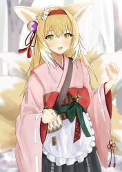 Rule 34 | 1girl, :d, absurdres, animal ear fluff, animal ears, apron, arknights, black hakama, blonde hair, blurry, blurry background, blush, commentary request, day, depth of field, flower, fox ears, fox girl, fox tail, frilled apron, frills, green eyes, hair between eyes, hair flower, hair ornament, hairband, hakama, hakama skirt, hands up, highres, japanese clothes, kimono, kitsune, long hair, long sleeves, looking at viewer, multicolored hair, obi, open mouth, outdoors, pink kimono, red hairband, ribbon-trimmed sleeves, ribbon trim, sash, shirt, skirt, smile, solo, sora mame (princess 0sora), suzuran (arknights), suzuran (yukibare) (arknights), tail, tree, two-tone hair, waist apron, white apron, white flower, white shirt, wide sleeves, yagasuri