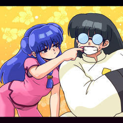 Rule 34 | 1boy, 1girl, bell, black hair, blunt bangs, chinese clothes, clenched teeth, glasses, hair ornament, jingle bell, long hair, mousse (ranma 1/2), mouth pull, official style, pants, pink pants, pout, purple eyes, purple hair, ranma 1/2, shampoo (ranma 1/2), sweatdrop, tears, teeth, wanta (futoshi)