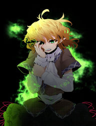 Rule 34 | 1girl, arm warmers, aura, black sclera, blonde hair, clenched teeth, colored sclera, darkness, glowing, glowing eyes, green eyes, highres, mismatched sclera, mizuhashi parsee, pointy ears, rihito (usazukin), sash, shawl, shirt, short sleeves, skirt, solo, teeth, touhou
