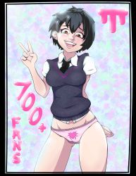Rule 34 | 1girl, absurdres, aged up, black hair, blush, brown eyes, cowboy shot, embarrassed, female focus, highres, marvel, no pants, panties, peni parker, short hair, smile, spider-man: into the spider-verse, spider-man (series), spider-verse, academic test, thighs, third-party edit, threetwigs, underwear, v, vest