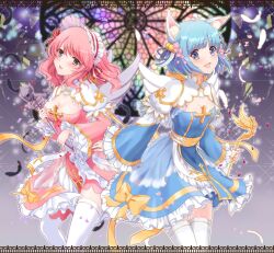 2girls angel_wings animal_ear_fluff animal_ears arch_bishop_(ragnarok_online) bell blue_dress blue_eyes blue_ribbon blurry blurry_background blush bonnet border bow breasts cleavage cleavage_cutout clothing_cutout commission cross dress dress_bow feathers flower fox_ears fox_girl frilled_bonnet frilled_dress frilled_sleeves frills grey_wings hair_bell hair_flower hair_ornament hair_ribbon highres holding holding_staff indoors jingle_bell kuma_king lace lace_border long_hair looking_at_viewer medium_breasts multiple_girls official_alternate_costume open_mouth ornate_border pink_eyes pink_flower pink_hair ragnarok_online red_flower red_rose ribbon rose sash short_hair skeb_commission skull small_breasts staff stained_glass thighhighs two-tone_dress white_dress white_thighhighs white_wings wings yellow_bow yellow_sash