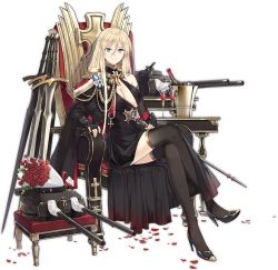 Rule 34 | 1girl, aiguillette, azur lane, bismarck (azur lane), bismarck (beacon of the iron blood) (azur lane), black dress, black footwear, black gloves, black thighhighs, blonde hair, blue eyes, bottle, bouquet, breasts, cannon, chair, cleavage, cross, cross earrings, crossed legs, cup, dress, earrings, elbow gloves, elbow rest, epaulettes, flower, full body, gloves, gold, hair between eyes, hao (patinnko), high heels, holding, holding scepter, iron cross, jewelry, large breasts, logo, long hair, looking at viewer, medal, medallion, multiple swords, official alternate costume, official art, red flower, red rose, rose, scepter, side cape, sidelocks, single sleeve, sitting, sleeve cuffs, smile, solo, sword, table, thighhighs, transparent background, turret, weapon