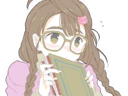 Rule 34 | 1girl, ahoge, archived source, bad drawr id, bad id, bear hair ornament, blunt bangs, blush, book, braid, brown-framed eyewear, brown eyes, close-up, closed mouth, drawr, eyebrows, fingernails, flying sweatdrops, freckles, from side, glasses, hair ornament, hairclip, hands up, hashiko (pecopom), holding, holding book, idolmaster, idolmaster cinderella girls, jimiko, long hair, looking at viewer, low twintails, nose blush, oekaki, okuyama saori, portrait, shy, simple background, sketch, solo, tareme, thick eyebrows, twin braids, twintails, white background