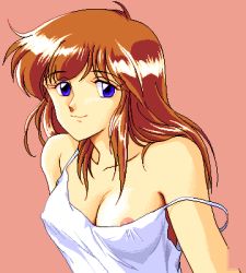 Rule 34 | 1990s (style), 1girl, 5 jikanme no venus, areola slip, blue eyes, brown hair, facing viewer, fairy dust, game cg, light smile, looking at viewer, lowres, pc98, pixel art, retro artstyle, simple background, solo, strap slip, tagme
