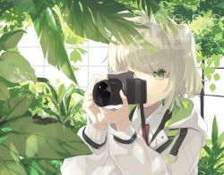 Rule 34 | 1girl, arknights, camera, closed mouth, green eyes, highres, holding, holding camera, hood, hood down, hooded jacket, infection monitor (arknights), jacket, necktie, platinum blonde hair, sakuwa, scene (arknights), short hair, side ponytail, solo, white jacket