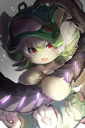 Rule 34 | 1boy, 1girl, :o, barefoot, bondrewd, claws, furrification, furry, furry female, glowing, green hair, green headwear, green pants, grey background, highres, holding another&#039;s tail, holding tail, looking at viewer, made in abyss, meinya (made in abyss), multicolored hair, on head, open mouth, out of frame, pants, pouch, prushka, red eyes, short hair, solo focus, streaked hair, suurin (ksyaro), tail, two-tone hair, white hair