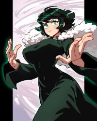 Rule 34 | 1girl, 333 (dqqqdle), breasts, dress, feather-trimmed jacket, fubuki (one-punch man), green dress, green eyes, green hair, hands up, highres, jewelry, looking up, necklace, one-punch man, short hair, tornado, walking