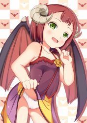 Rule 34 | 1girl, absurdres, blush, breasts, cameltoe, clothes lift, collarbone, demon girl, demon horns, demon wings, dress, dress lift, endro!, fang, green eyes, groin, hand on own chin, highres, horns, lifted by self, looking at viewer, mao (endro!), nabunabu, open mouth, panties, red hair, shiny clothes, shiny skin, short hair, small breasts, smile, solo, tongue, underwear, white panties, wings