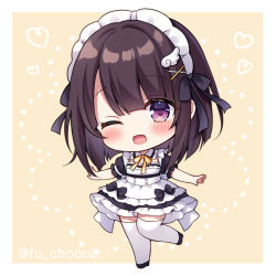 Rule 34 | 1girl, ;d, apron, black bow, black dress, black footwear, blush, bow, brown background, brown hair, chibi, commentary request, dotted line, dress, frilled apron, frills, full body, hair between eyes, hair bow, hair ornament, hairclip, heart, high heels, looking at viewer, maid, maid headdress, mitsuba choco, one eye closed, open mouth, original, puffy short sleeves, puffy sleeves, purple eyes, shoes, short sleeves, smile, solo, standing, standing on one leg, thighhighs, twitter username, two-tone background, white apron, white background, white thighhighs, wing hair ornament, x hair ornament, yellow bow
