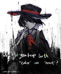 Rule 34 | 1other, androgynous, bare shoulders, black background, black coat, black eyes, black hair, black hat, bow, bowtie, closed mouth, coat, collared shirt, copyright name, detached sleeves, dripping, english text, enraku tsubakura, frown, hair between eyes, hat, highres, hongshao tofu, ink, len&#039;en, len'en, long sleeves, monochrome, monochrome world, other focus, pointing, pointing at self, red bow, red bowtie, red hat, shirt, short hair, sleeveless, sleeveless coat, sleeveless shirt, solo, spot color, straight-on, top hat, two-sided fabric, two-sided headwear, two-tone background, upper body, white background, white shirt, white sleeves, wide sleeves