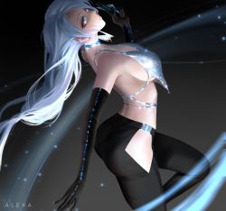 Rule 34 | 1girl, alternate costume, armor, artist name, ass, back, black gloves, black pants, blue choker, blue eyes, blue nails, breast curtain, breasts, choker, closed mouth, clothing cutout, covered navel, crop top, dark, dark background, detached sleeves, elbow gloves, eyeshadow, from side, genshin impact, gloves, grey eyes, grey hair, highres, jewelry, large breasts, long hair, looking at viewer, m alexa, magic, makeup, nail polish, pants, red eyeshadow, see-through, shenhe (genshin impact), shoulder armor, simple background, snowflakes, solo, sparkle, thighs, watermark, white hair
