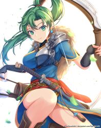 Rule 34 | 1girl, absurdres, arrow (projectile), blue shirt, boots, bow (weapon), brown footwear, cowboy shot, earrings, elbow gloves, fire emblem, fire emblem: the blazing blade, fire emblem heroes, fletching, gloves, green eyes, green hair, high ponytail, highres, jewelry, knee boots, leaf, long hair, looking at viewer, lyn (fire emblem), nintendo, petals, quiver, ryo-suzuki, shirt, smile, solo, sword, thighs, twitter username, watermark, weapon, web address, white background