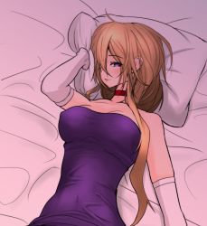 Rule 34 | 1girl, adapted costume, akiyama cz4a, bed, bed sheet, blonde hair, blush, breasts, choker, cleavage, dark, dress, elbow gloves, gloves, gradient background, hair over one eye, hair up, highres, large breasts, lips, long hair, looking at viewer, lying, mole, mole under eye, on back, pillow, purple dress, purple eyes, seductive smile, smile, solo, taut clothes, taut dress, touhou, very long hair, white gloves, yakumo yukari