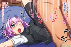 Rule 34 | 1boy, 1girl, bed, bike shorts, blue eyes, blush, clothed female nude male, clothed sex, emphasis lines, female orgasm, hair intakes, hetero, isemagu, kantai collection, nude, one eye closed, open mouth, orgasm, pleated skirt, purple hair, sex, shiranui (kancolle), shirt, short hair, short sleeves, skirt, spread legs, translation request, vest, white shirt, wince