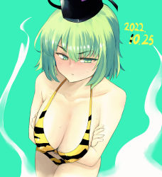 Rule 34 | 1girl, animal print, arms under breasts, bikini, black hat, blush, breasts, cleavage, closed mouth, crossed arms, dated, ghost tail, green background, green eyes, green hair, hat, large breasts, looking at viewer, orebertie, short hair, simple background, soga no tojiko, solo, swimsuit, tate eboshi, tiger print, touhou, v-shaped eyebrows
