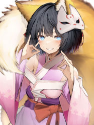Rule 34 | 1girl, absurdres, animal ears, bare shoulders, black hair, blue eyes, blurry, blush, clenched teeth, commission, fox ears, fox mask, fox shadow puppet, fox tail, highres, japanese clothes, kimono, looking at viewer, mask, mask on head, original, pink kimono, short hair, simple background, skeb commission, solo, tab head, tail, teeth, white background, wide sleeves