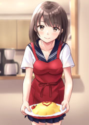 Rule 34 | 1girl, apron, black sailor collar, black skirt, blurry, blurry background, breasts, brown eyes, brown hair, cherry tomato, cleavage, closed mouth, collarbone, commentary request, depth of field, food, heart, highres, holding, holding plate, indoors, looking at viewer, medium breasts, omelet, omurice, original, plate, pleated skirt, red apron, sailor collar, school uniform, serafuku, shirt, short sleeves, skirt, smile, solo, standing, tomato, white shirt, yukimaru217