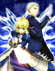 Rule 34 | 1boy, 1girl, ahoge, armor, armored dress, artoria pendragon (fate), blonde hair, blue eyes, command spell, excalibur (fate/stay night), fate/zero, fate (series), faulds, gauntlets, gloves, glowing, glowing sword, glowing weapon, green eyes, hair ribbon, juliet sleeves, kayneth archibald el-melloi, long sleeves, miduha0102, puffy sleeves, ribbon, saber (fate), sword, weapon, alternate universe, white gloves
