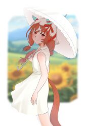 Rule 34 | 1girl, absurdres, alternate costume, alternate hairstyle, animal ears, blurry, blurry background, breasts, brown hair, casual, closed mouth, commentary request, field, flower, flower field, hair ornament, highres, horse ears, horse girl, long hair, matsuba mattsu, small breasts, smile, solo, still in love (umamusume), umamusume, umbrella