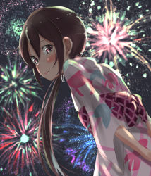 Rule 34 | 1girl, akebono (kancolle), alternate costume, blush, closed mouth, fireworks, floral print, hair between eyes, highres, japanese clothes, kantai collection, kimono, long hair, looking at viewer, looking down, outdoors, red eyes, smile, solo, tama (tamago), yukata