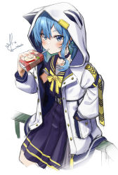 Rule 34 | 1girl, animal hood, blue eyes, blue hair, blush, bow, bowtie, box, choker, commentary, dress, drinking straw, drinking straw in mouth, earrings, hair between eyes, hand in pocket, highres, holding, holding box, hololive, hood, hood up, hooded jacket, hoshimachi suisei, hoshimachi suisei (school uniform), jacket, jewelry, juice box, kito koruta, long hair, long sleeves, looking at viewer, purple choker, purple dress, purple sailor collar, sailor collar, short sleeves, signature, simple background, sitting, solo, star (symbol), star in eye, symbol-only commentary, symbol in eye, virtual youtuber, white background, white jacket, yellow bow