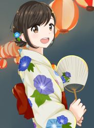 Rule 34 | 1girl, 319thie, :d, brown eyes, highres, japanese clothes, kimono, open mouth, original, smile, summer, yukata
