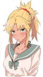 Rule 34 | 1girl, alternate costume, blonde hair, blush, braid, cropped torso, fate/apocrypha, fate/grand order, fate (series), food, food request, french braid, green eyes, mordred (fate), mordred (fate/apocrypha), mordred (swimsuit rider) (second ascension) (fate), mouth hold, ponytail, school uniform, serafuku, solo, sweatdrop, wani (mezo)