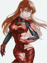 Rule 34 | 1girl, absurdres, artist request, bad anatomy, blue eyes, bodysuit, breasts, brown hair, evangelion: 3.0+1.0 thrice upon a time, hair down, highres, lips, long hair, looking at viewer, medium breasts, neon genesis evangelion, plugsuit, rebuild of evangelion, red bodysuit, shiny clothes, simple background, skin tight, solo, souryuu asuka langley, torn bodysuit, torn clothes, white background, wide hips