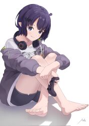 Rule 34 | 1girl, aokii, barefoot, black shorts, blue eyes, blunt bangs, blush, bob cut, breasts, collarbone, commentary, controller, crossed legs, english commentary, extra ears, feet, game controller, headphones, headphones around neck, highres, holding, hololive, hololive english, hood, hood down, hooded jacket, jacket, knees up, legs, long sleeves, looking at viewer, ninomae ina&#039;nis, ninomae ina&#039;nis (loungewear), open clothes, open jacket, parted bangs, pointy ears, print shirt, purple hair, shadow, shirt, short hair, short shorts, shorts, sidelocks, signature, simple background, sitting, small breasts, solo, toenails, toes, virtual youtuber, white background, white shirt