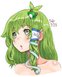 Rule 34 | 1girl, antenna hair, blush, body blush, commentary request, dated, frog hair ornament, green eyes, green hair, hair between eyes, hair ornament, kei jiei, kochiya sanae, long hair, looking afar, open mouth, portrait, sidelocks, simple background, single hair tube, snake hair ornament, solo, touhou, white background