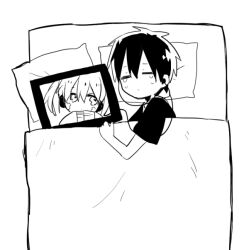 Rule 34 | 1boy, 1girl, = =, bed, blanket, closed eyes, closed mouth, commentary, covering with blanket, dot mouth, double-parted bangs, earphones, ene (kagerou project), facial mark, facing viewer, from above, hair between eyes, head on pillow, headphones, high contrast, jacket, kagerou project, kisaragi shintarou, kyokutsuki, lonely, looking to the side, lying, monochrome, on bed, on side, portrait, screen, shirt, short hair, short sleeves, sideways glance, simple background, sleeves past fingers, sleeves past wrists, t-shirt, tablet pc, tears, track jacket, twintails, upper body, very long sleeves